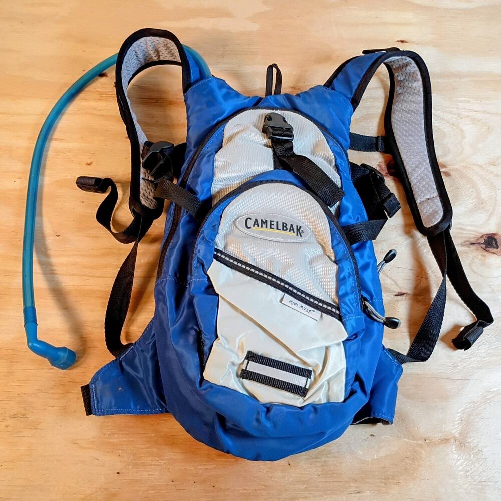 Camelbak Mini MULE Hydration Backpack Blue Gray Water Bladder Included Hiking...